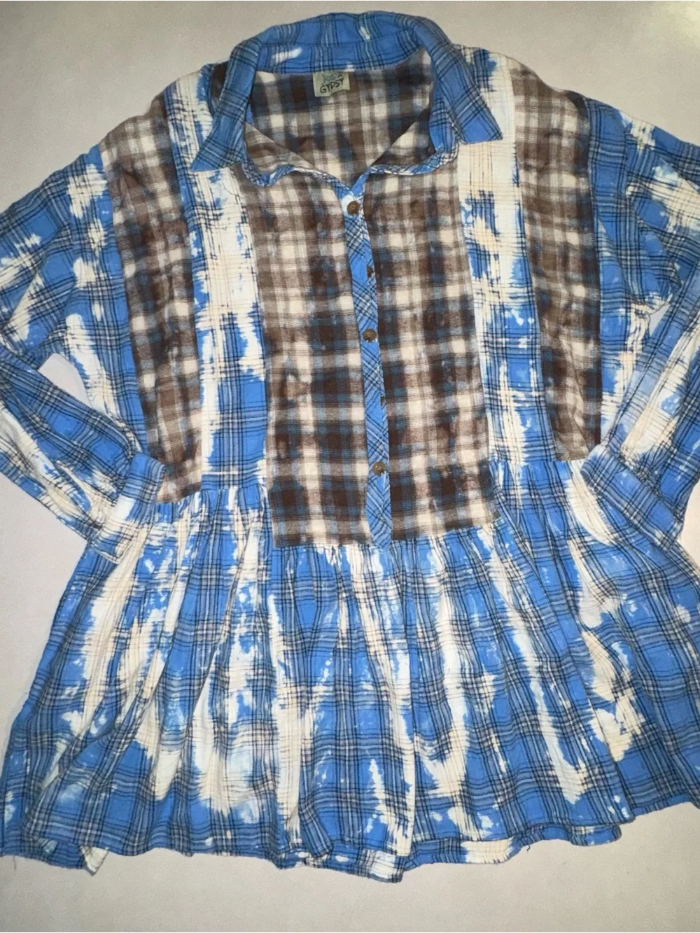 Jaded Gypsy Plaid Tunic Dress L XL Blue Brown Distressed Cowgirl Festival